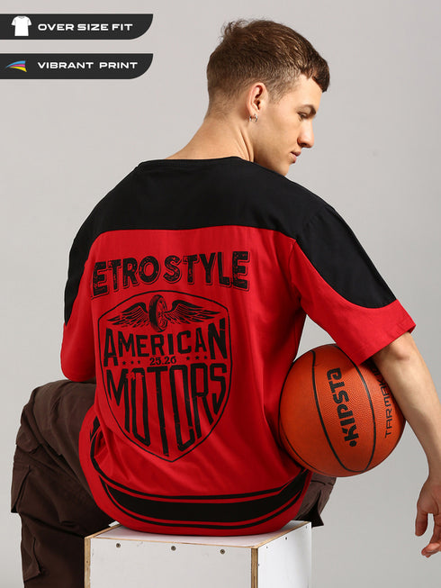 Red & Black Oversized Printed Cut& Sew Baseball T-shirt